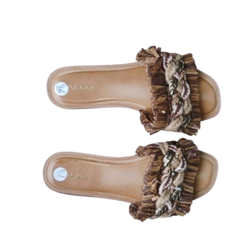 New Cond. ALDO Rattana Brown Fringe‎ Braided Flat Sandals Size 7 Boho Slide 2026